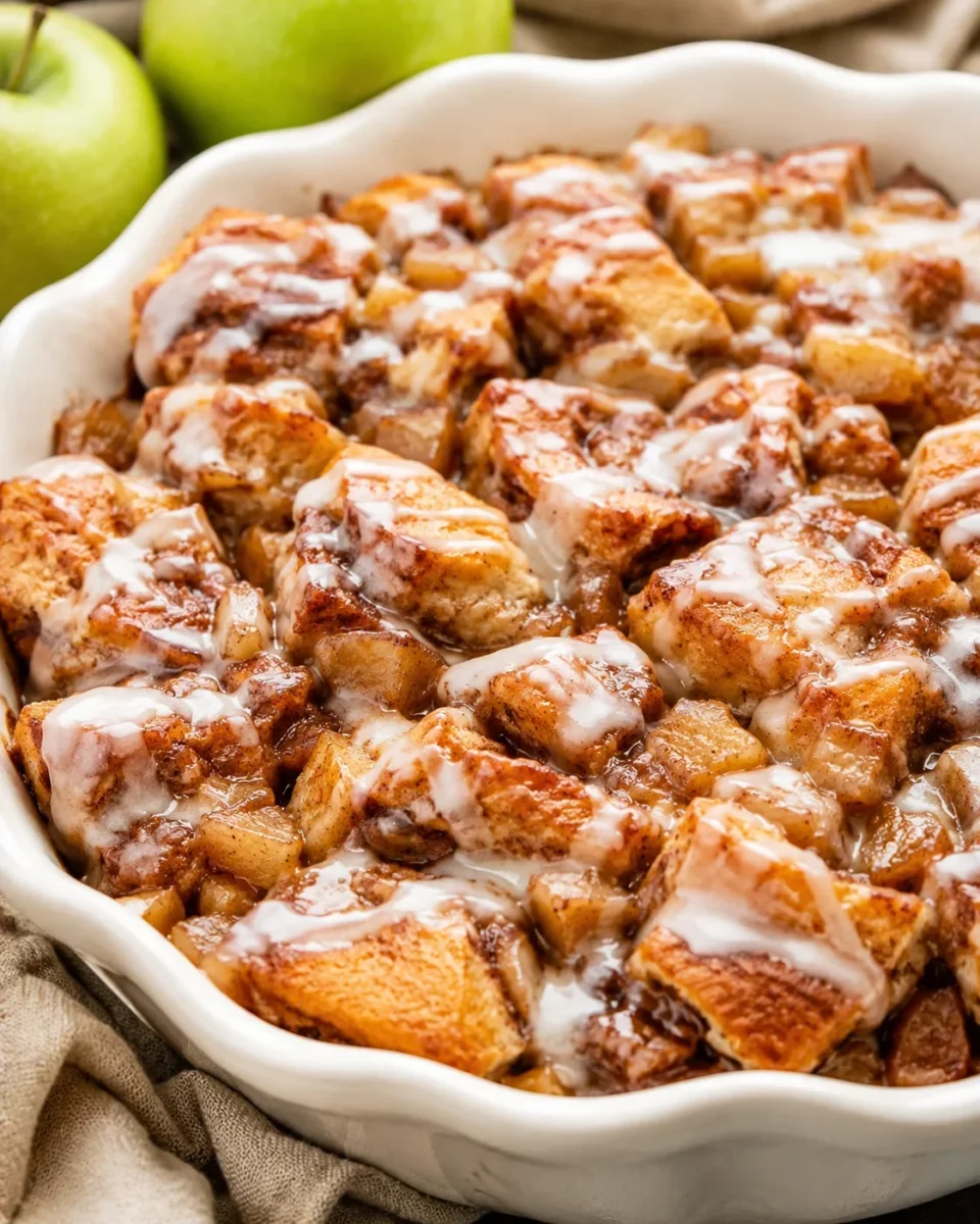 Warm apple cinnamon roll bake with apples, cinnamon, and glaze in a baking dish
