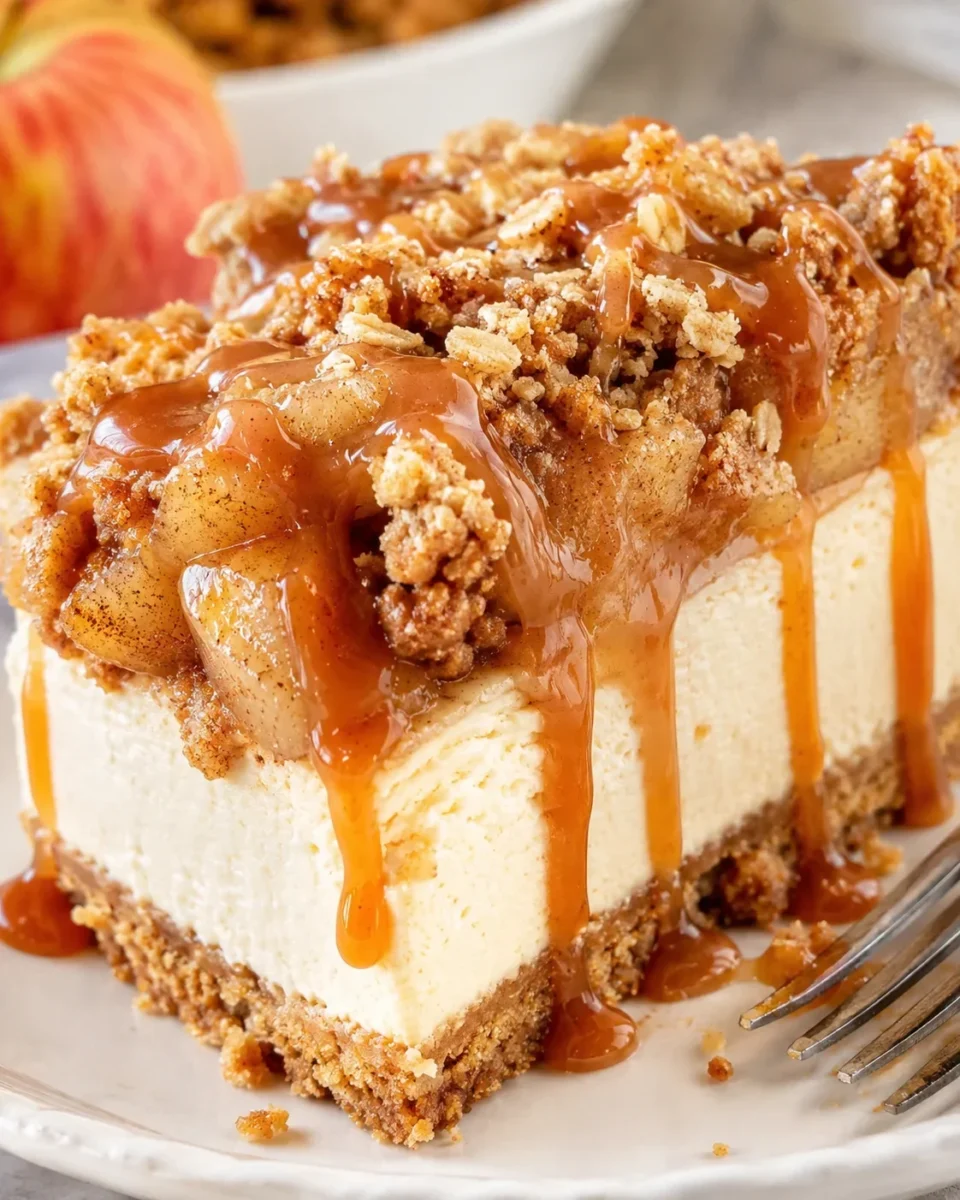 Delicious apple crisp cheesecake topped with caramel and oatmeal crumble.