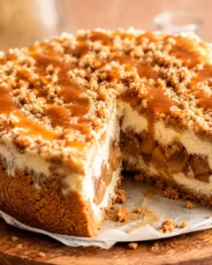 Close-up of a slice of apple crumble cheesecake with caramel drizzle and crumble topping