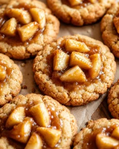 Close-up of freshly baked apple pie cookies with caramelized apples on top.