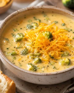 Creamy broccoli cheese soup topped with shredded cheddar and broccoli florets in a bowl
