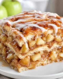 Delicious layered caramel apple cinnamon roll lasagna with caramel drizzles and apple filling.