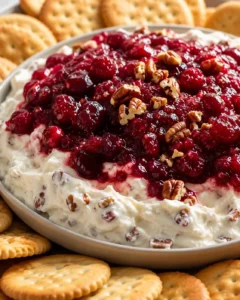 Close-up of creamy cranberry dip with walnuts, surrounded by crackers