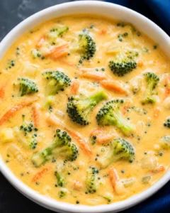A bowl of creamy broccoli cheddar soup with vegetables and melted cheese.