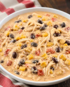 No-fuss creamy chicken chili served in a white bowl with beans and corn.