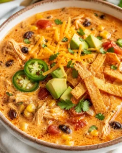 A bowl of creamy chicken tortilla soup topped with cheese, avocado, jalapeños, and cilantro.