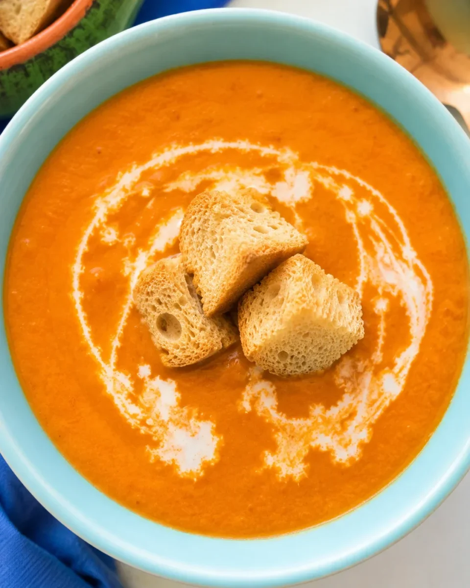 A bowl of vibrant, creamy tomato soup garnished with bread cubes.