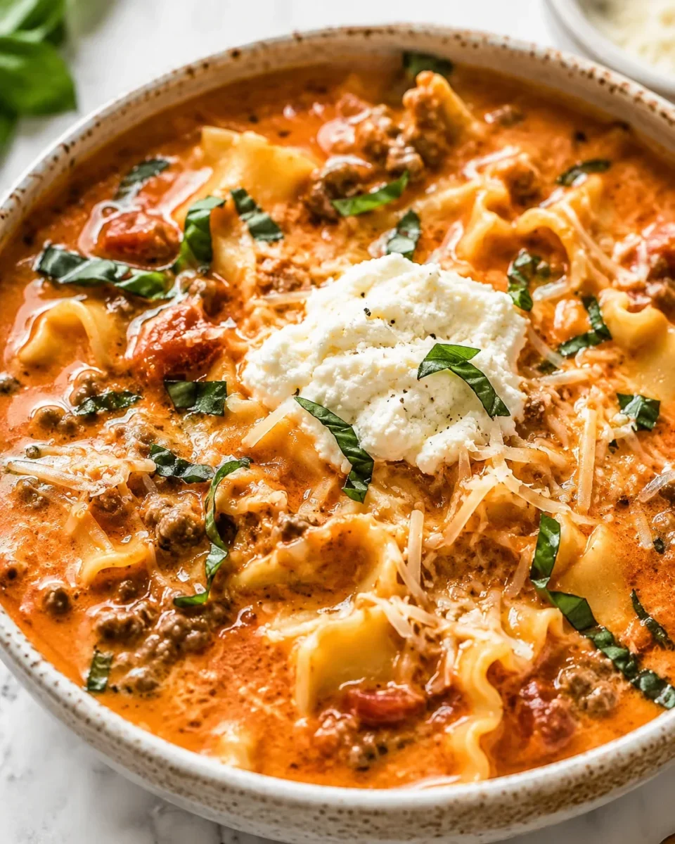 Hearty creamy lasagna soup topped with cheese, basil, and ground beef in a bowl.