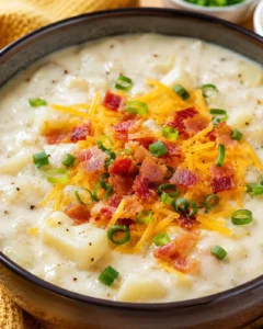 Bowl of creamy potato soup topped with cheese, bacon, and green onions.
