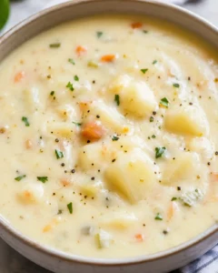 Close-up of creamy potato soup topped with herbs and black pepper.