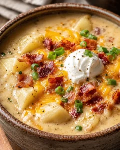 A close-up of creamy potato soup topped with bacon, green onions, and sour cream in a rustic bowl