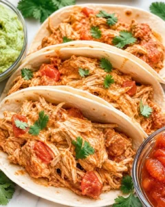 Tasty shredded salsa chicken served in soft taco shells with cilantro garnish