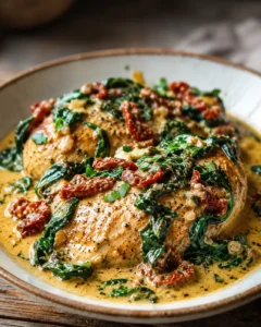 Delicious crockpot Tuscan garlic chicken with spinach and sun-dried tomatoes served in a bowl.