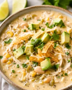 A bowl of creamy white chicken chili topped with avocado, cilantro, and shredded cheese.