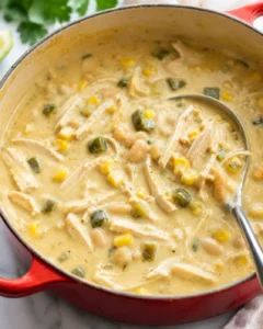 A hearty, creamy white chicken chili with shredded chicken, corn, and green chilies in a red pot.