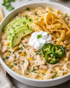 A bowl of creamy white chicken chili topped with avocado, jalapeños, and sour cream.