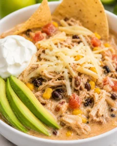 Delicious bowl of white chicken chili topped with cheese, sour cream, and avocado slices.