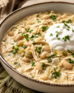 A bowl of creamy white chicken chili topped with fresh herbs and sour cream.