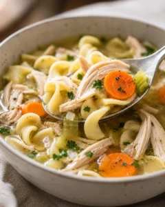 Comforting slow cooker chicken noodle soup with vegetables and tender chicken slices
