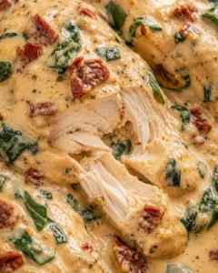 Creamy crockpot Tuscan chicken with sun-dried tomatoes and spinach served over pasta