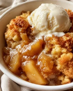 Warm caramel apple dump cake topped with vanilla ice cream.