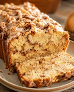 Close-up of sliced cinnamon apple bread with a moist crumb and apple chunks.