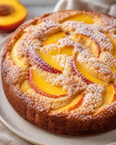 Close-up of a moist peach cake topped with fresh peach slices and powdered sugar.