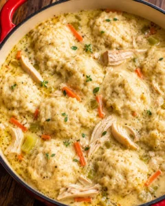 Close-up of creamy chicken and fluffy dumplings in a savory broth.