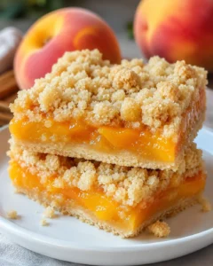 Golden, buttery bars topped with juicy peach filling and crisp crumb topping.