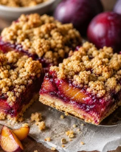 Close-up of juicy plum crumble bars with golden topping, fresh plums in background