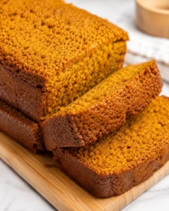 Freshly baked pumpkin bread, golden brown with a crumbly topping and moist texture.