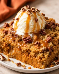 A warm slice of pumpkin dump cake topped with vanilla ice cream and caramel.