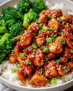 Close-up of tender chicken with broccoli and rice in a flavorful bowl.