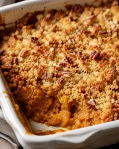 Close-up of a freshly baked pumpkin dump cake with a crunchy topping and moist center.