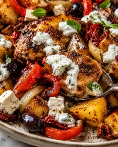 Close-up of baked Greek chicken souvlaki with roasted vegetables and feta cheese.