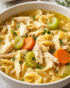 Close-up of a bowl filled with chicken noodle soup with vegetables and herbs