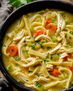 Close-up of a bowl filled with homemade chicken noodle soup with vegetables and shredded chicken