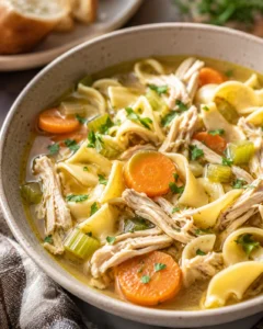 Warm and comforting homemade chicken noodle soup in a rustic bowl