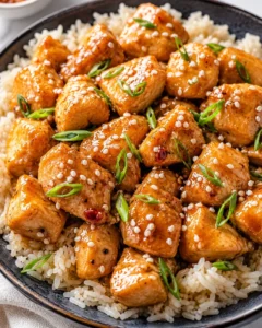 Delicious honey garlic chicken served over rice with green onions and sesame seeds
