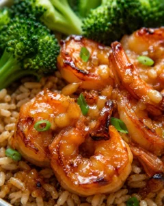Close-up of caramelized honey garlic shrimp served with broccoli and rice