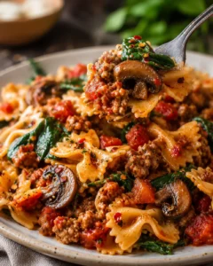 Delicious Italian sausage pasta with mushrooms, spinach, and bow-tie noodles on a plate