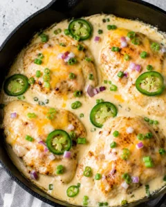 Creamy, cheesy keto chicken skillet with jalapenos and green onions