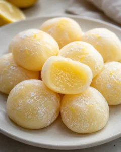 Delicious lemon-flavored mochi arranged on a white plate with lemon slices in background