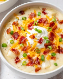 Creamy loaded baked potato soup topped with bacon, cheese, sour cream, and green onions.