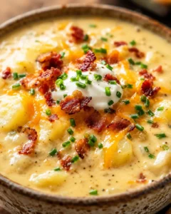 A creamy bowl of loaded baked potato soup topped with bacon, chives, and sour cream.
