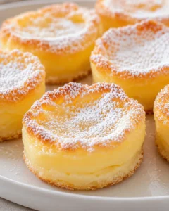 Delicious mini lemon impossible pies with golden edges and powdered sugar topping.