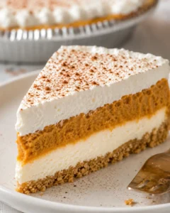 Delicious layered no bake pumpkin pie with creamy filling and whipped topping.