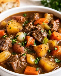 Hearty beef stew with tender meat, potatoes, pearl onions, and rich broth in a white bowl