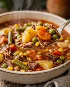 A hearty bowl of homemade vegetable beef soup with tender beef and vegetables.