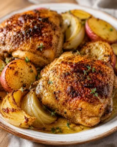 Juicy roasted chicken thighs with golden potatoes and onions garnished with herbs